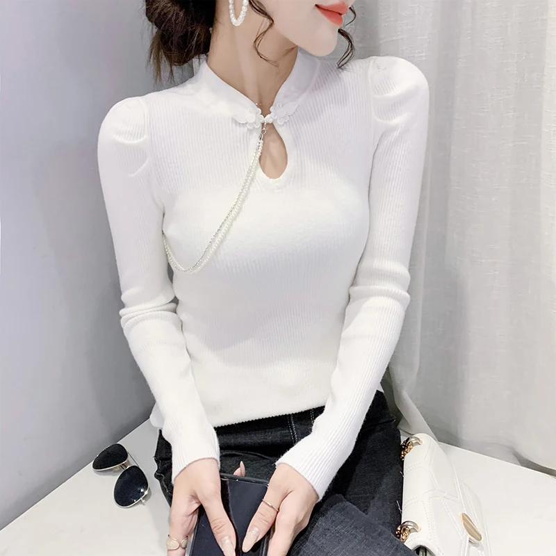 MadBlack European Clothes Sweaters Women Mandarine Collar Beaded Warm Slim Knit Top Long Sleeve Pullovers Fall Winter T39832JC