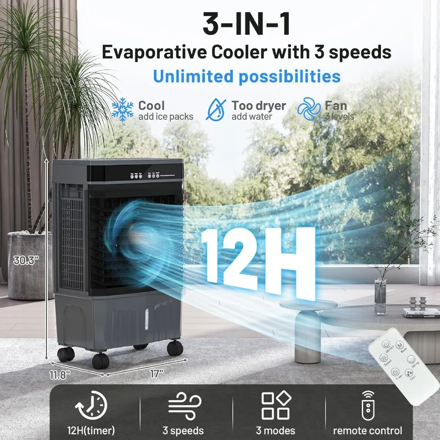2800 CFM Evaporative Air Cooler with Remote Control for Indoor and Outdoor Use 8.2 Gallon Portable Swamp Cooler with 12-Hour Ti