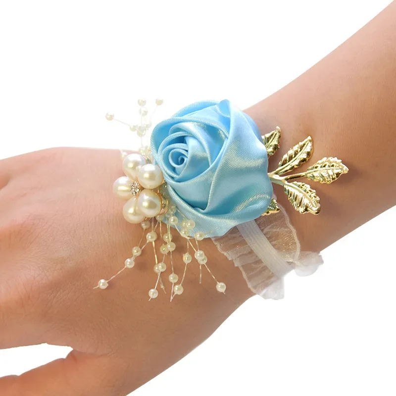 Pulsera de rosa de imitación para dama de honor, ramillete de muñeca para boda, cinta de poliéster, lazo de perlas, regalos nupciales, flores de mano, accesorios para fiesta y graduación