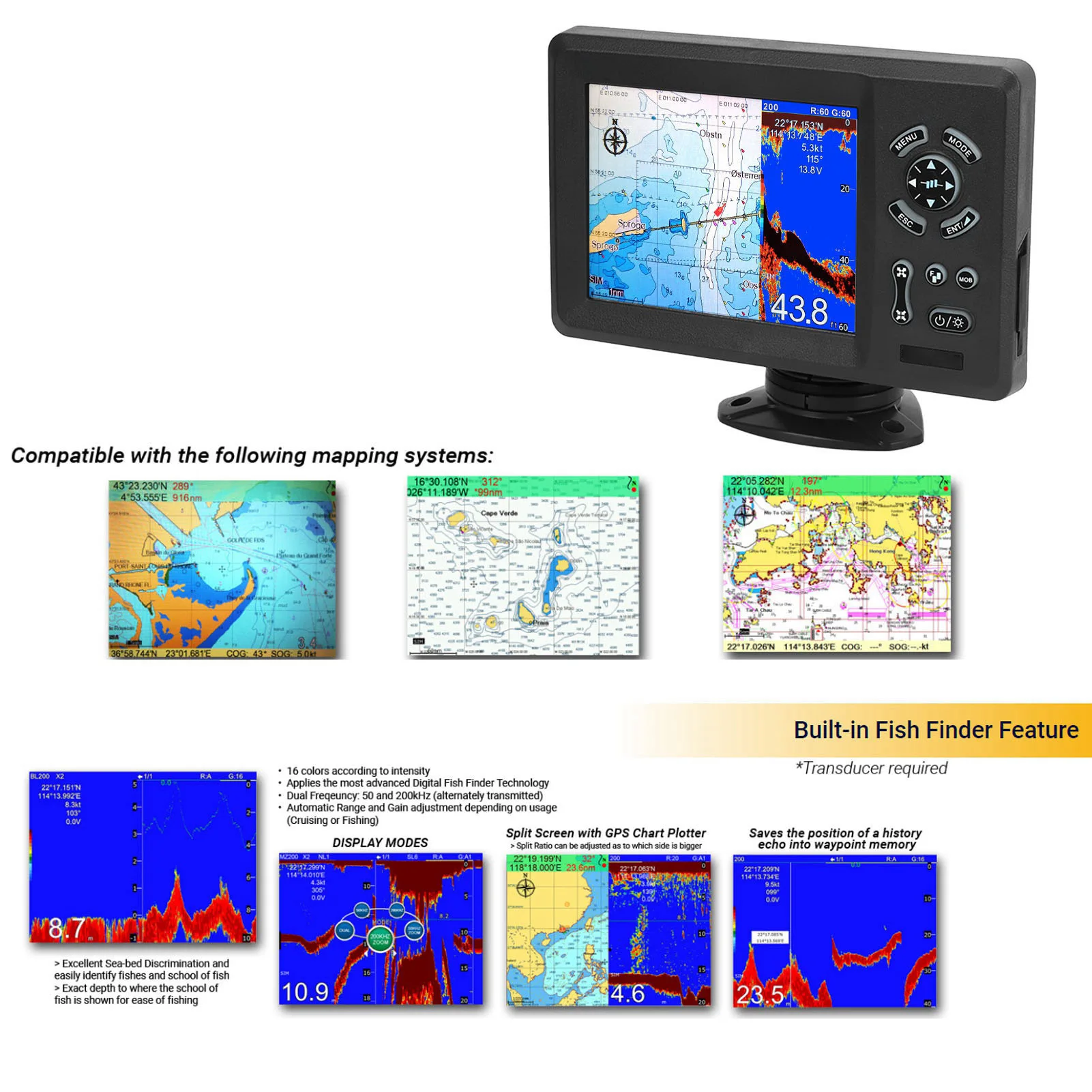 7in Marine Plotter Built in Fish Finder Colored LCD Display Split Screen IP66  Boat Navigation Locator Marine Plotter
