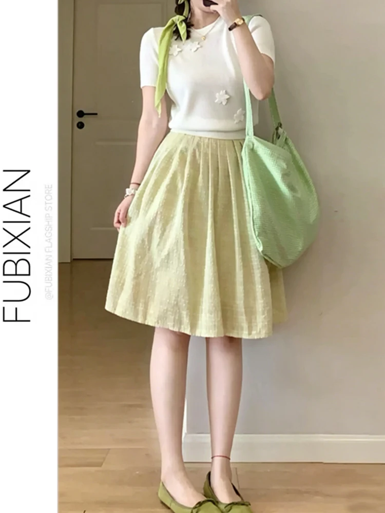 Summer New Plaid Texture Women's Midi Skirt A-Line Pleated Slimming Casual Korean Style High Waist Polyester Cotton Blend