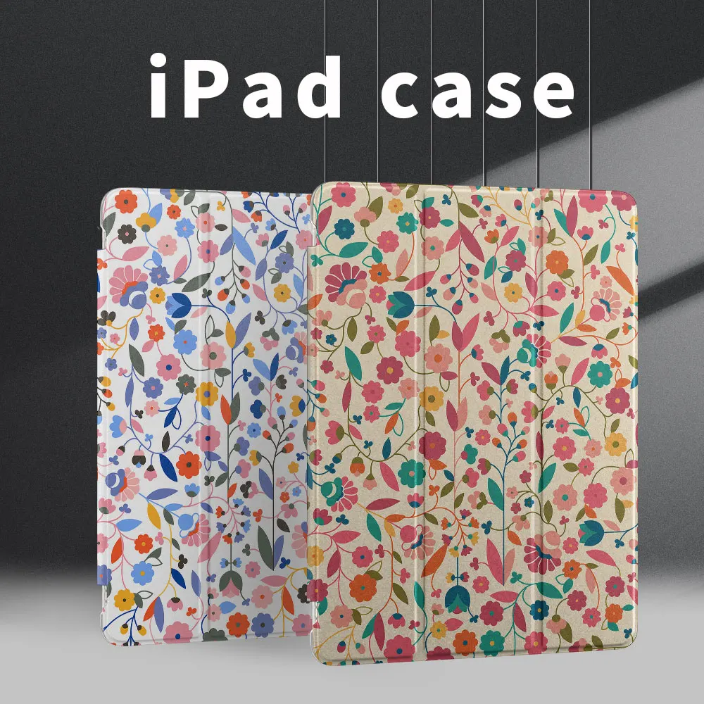 

iPad case Colorful flower pattern 2022Pro11 has pen slot sleep wake up iPad 7th generation TPU leather case silicone soft case