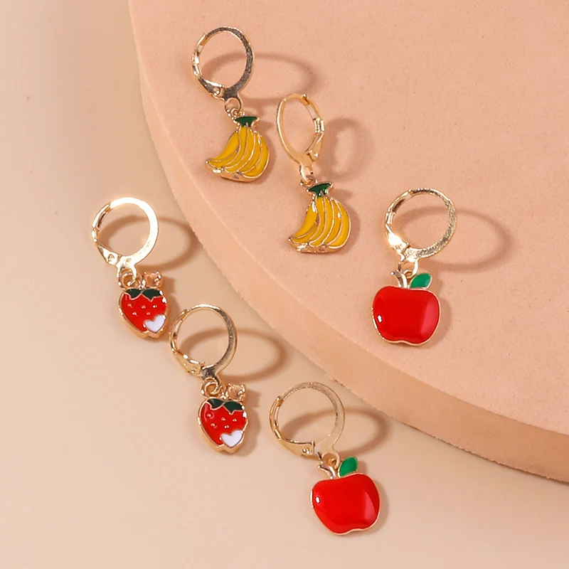 Aihua süße Früchte Ohrringe schöne Emaille Kirsche Apfel Banane Erdbeer Ohrringe für Frauen Tropfen Ohrringe Ohr haken Schmuck Geschenke – Detail 6