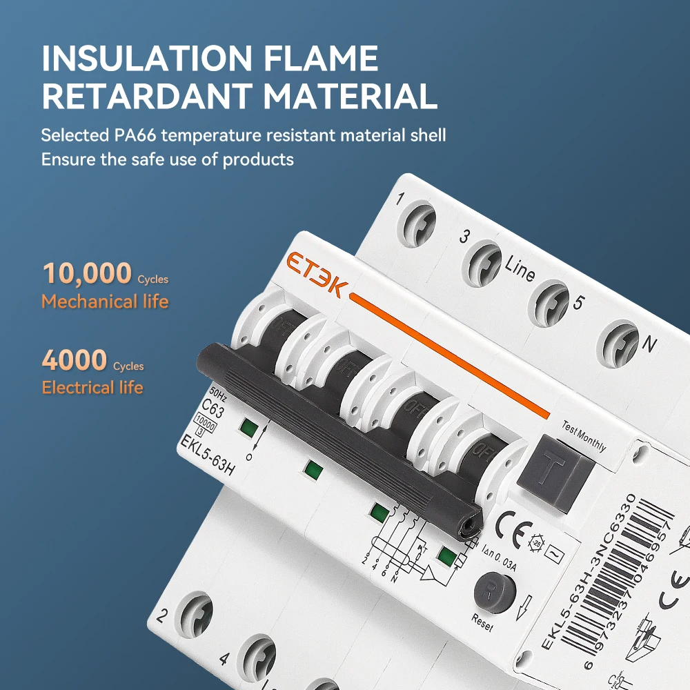 ETEK RCBO Residual Circuit Breaker Over Current Leakage Protection Type AC 1P+N 3P+N 2P 4P 63A 30mA EKL5