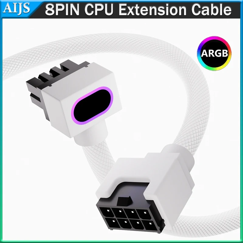 

AIJS 8PIN CPU Extension Cable Computer Power supply Cable With ARGB Aura Sync One-line Design 90 Degree Elbow Extension Cable