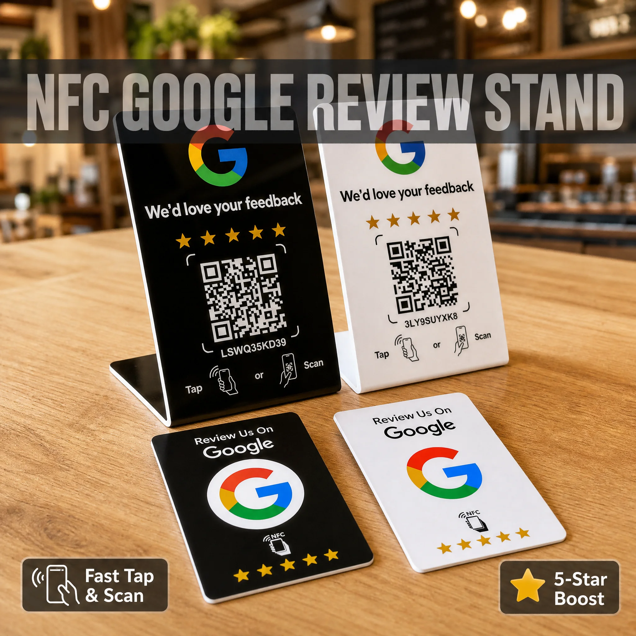 NFC Google Review Stand Tabletop Plate Tap & Scan QR Code Acrylic Feedback Sign Board 5 Star Rating Display for Shop Counter