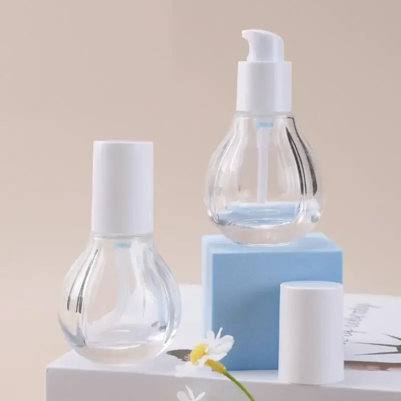 1PCS 30ML Glass Lotion Bottles For Travel Light Bulb Shape Clear Empty Pump Bottle For Cosmetic Creams, Makeup, Essential Oils