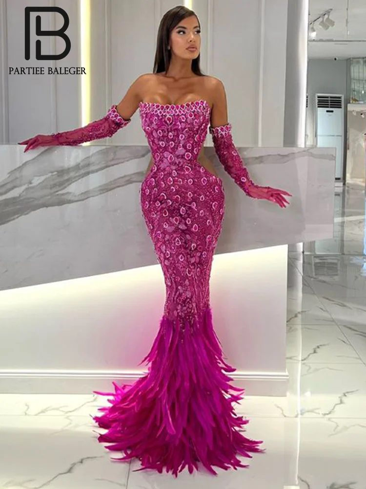 PB New Hot Pink Strapless Long Dress Feathers Mermaid Floor Length Beaded Luxury Crystals Design Prom Party Gown with Gloves