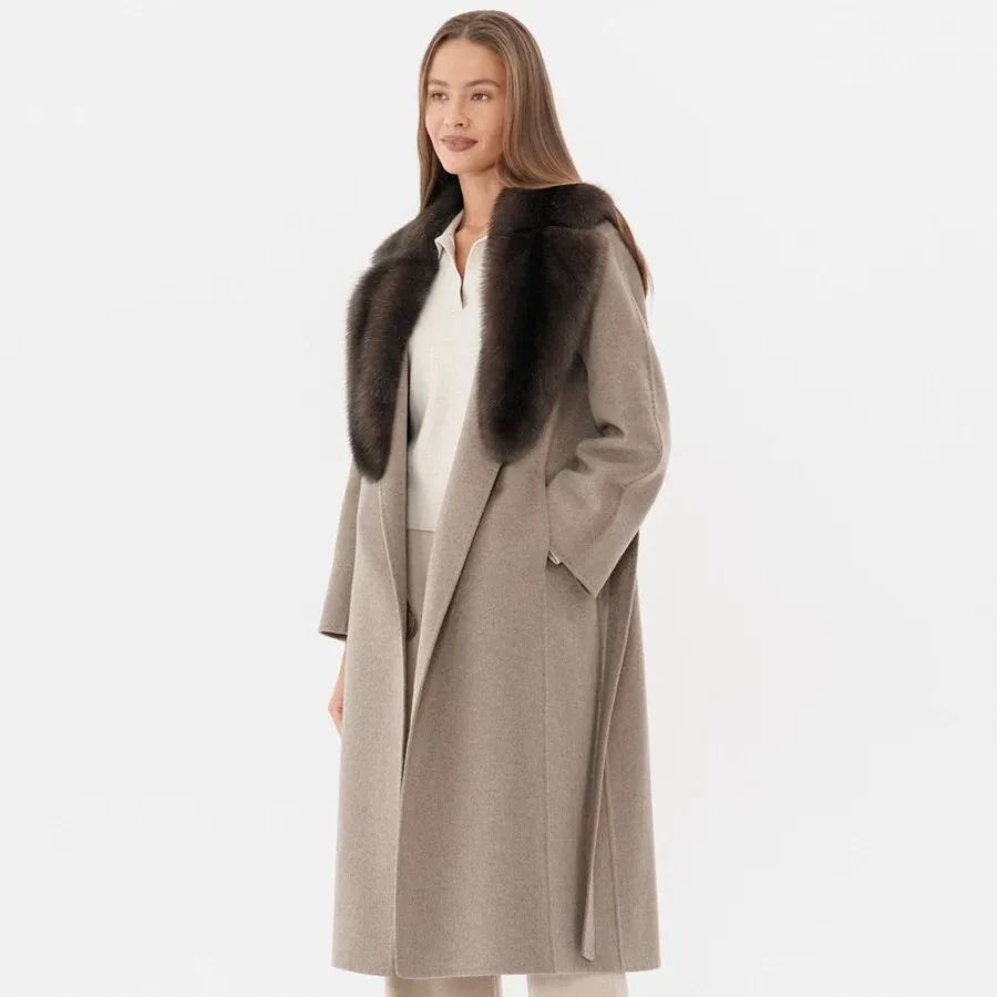 Women Wool Coat Natural Fox Fur Collar Luxury Winter Wool Blends Coat With Fur High Quality Fashion