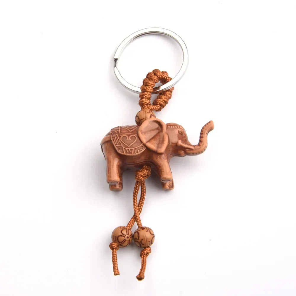 1-5pcs Elephant Keychain Peach Wood Carving Riches Lucky Animal Key Chain Pendant Women Bags Pom Pom Charm Home Key Rings