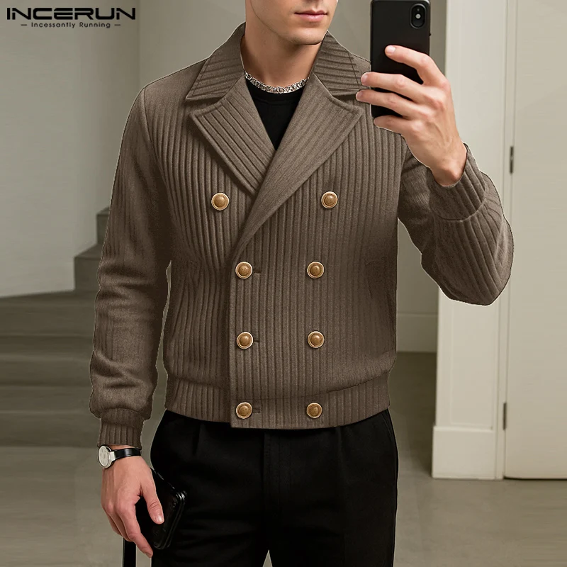 

INCERUN мужские куртки однотонные вязаные двубортные мужские пальто с лацканами и длинными рукавами уличная мода повседневные куртки S-5XL