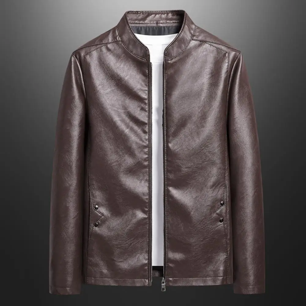 

Men Imitation Leather Jacket Stand Collar Long Sleeve Zipper Closure Windbreaker with Pockets Fashion Coat