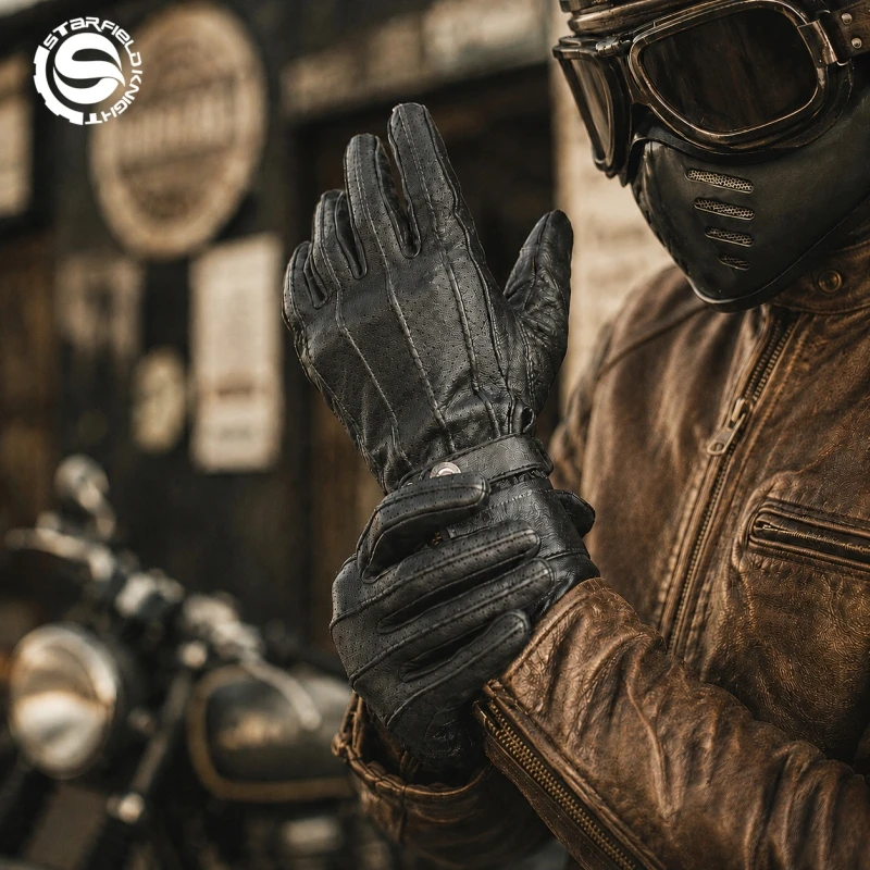 

SFK Retro Motorcycle Gloves Full Finger Riding Protective Equipment Summer Breathable Real Goat Leather Non-slip Wear-resistant