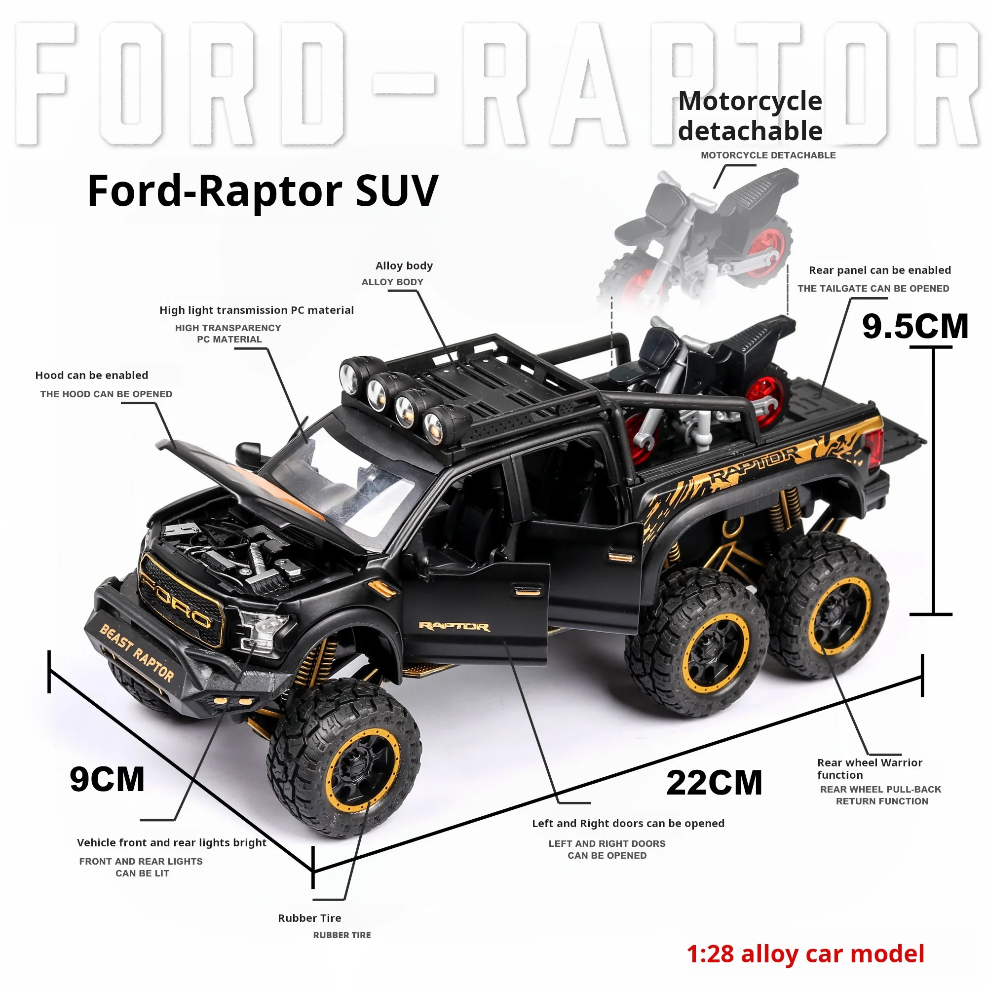 Ford raptor f150 off-road 24 escala diecast supercar modelo brinquedo com som & luz puxar para trás meninos presente colecionáveis