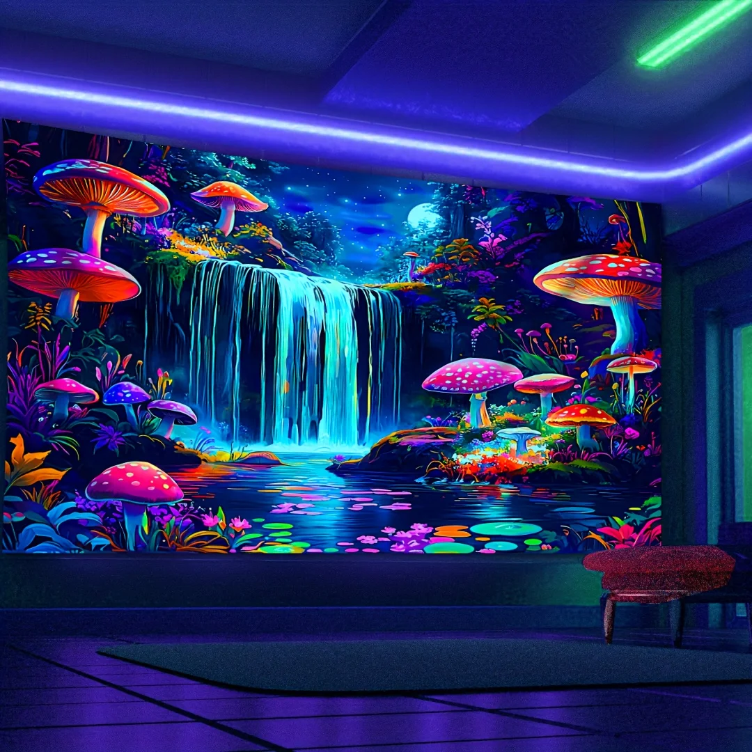 VIKAMA Fantasy Forest Tapestry Colorful Mushroom Waterfall Mural Living Room Sofa Backdrop Trendy Room Decor