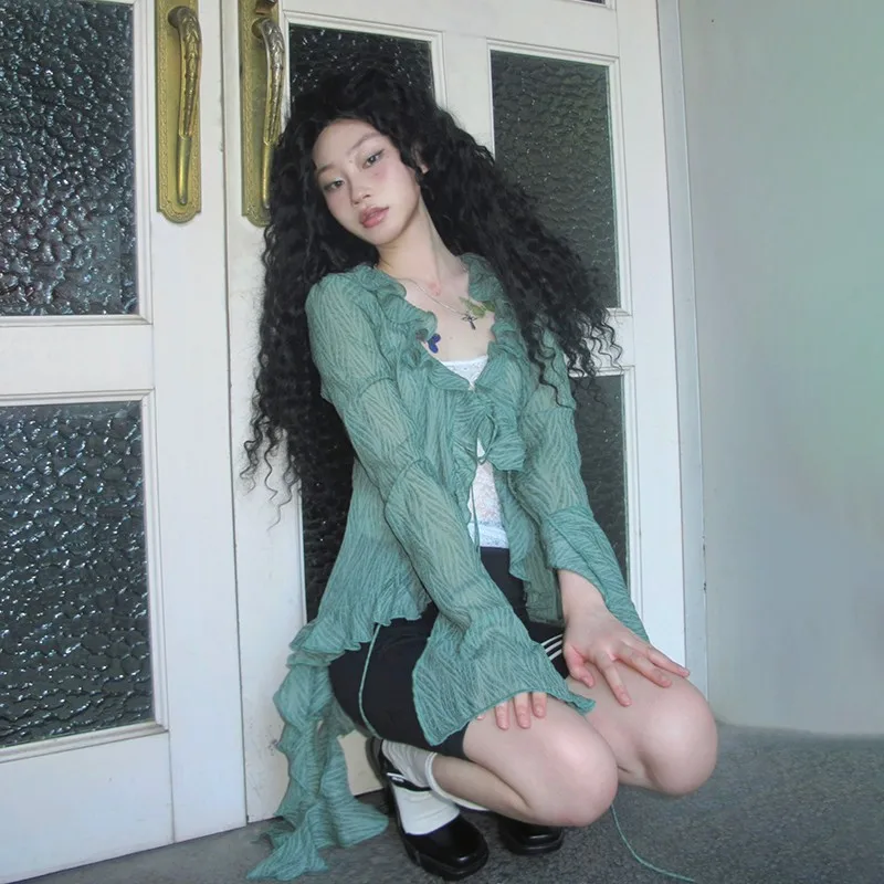 Karrram Japanese Y2k Lace Shirt Vintage 2000s Style Ruffles Blouses Grunge Aesthetics Irregular Green Shirts American Retro 90s