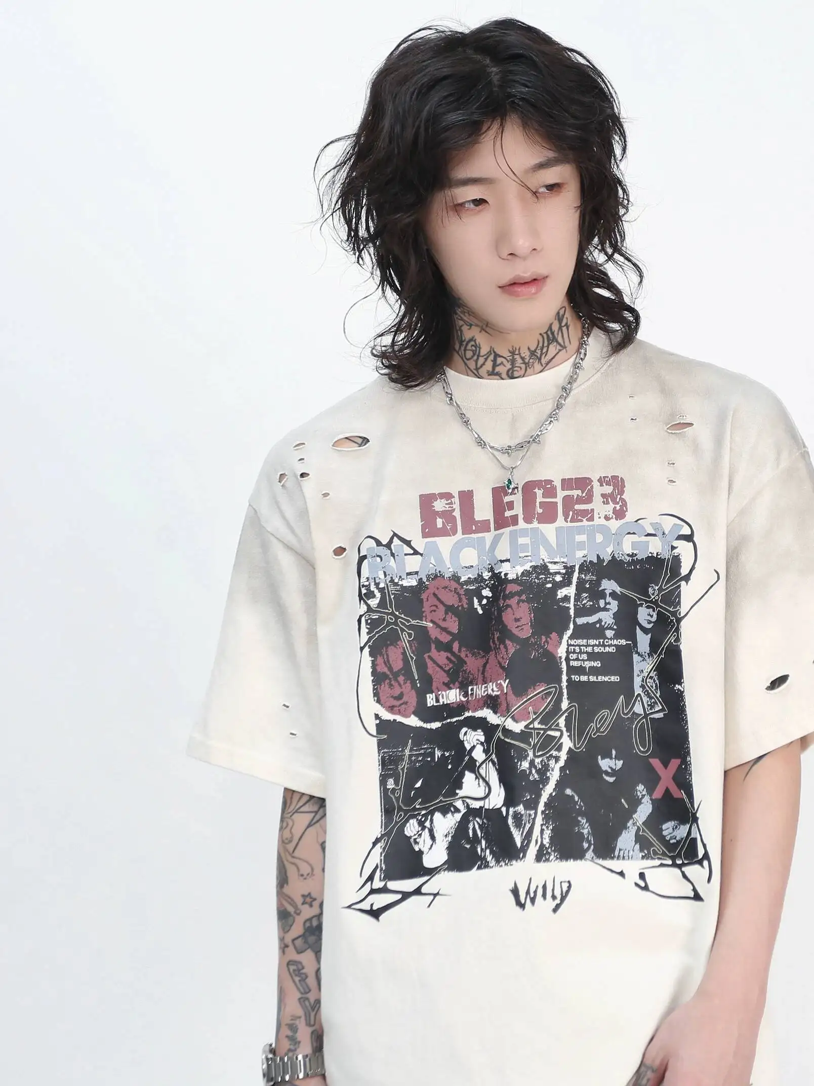 New Men Vintage American Rock Band Print Distressed Short Sleeve T Shirts Washed Spray Paint Design