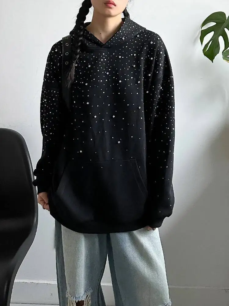 

Thick Shining Black Rhinestones Sweatshirt New Hooded Long Sleeve Women Big Size Fashion Spring Autumn 2026 XL8W