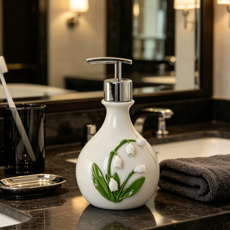 Sink Side Soap Pump Bottle with White Body and Flower Pattern for Bathroom Sink Use, Guest Bath Placement, and Hand Wash Bottle