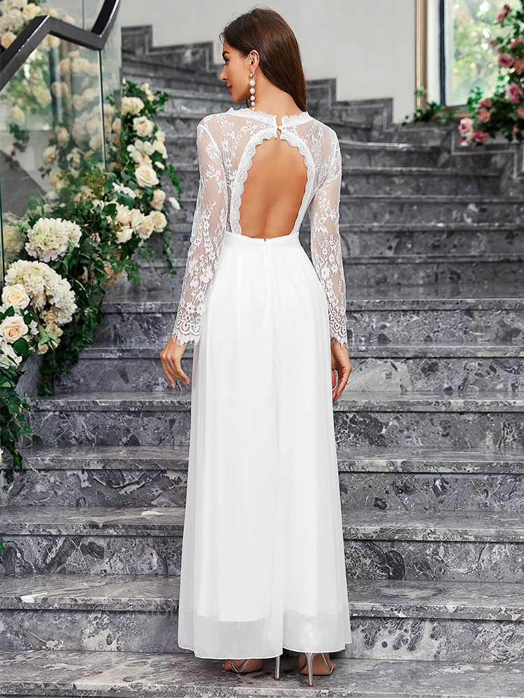 Ladies Elegant Floral Lace Panel White Dress A Line High Waist Large Swing Prom Dresses Women Evening Party Wedding Long Dresses