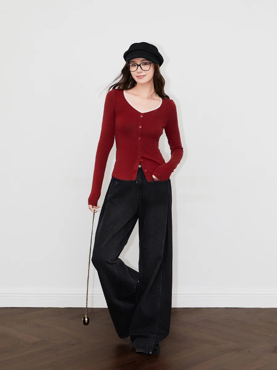 

SUK Garden Pathway Long Sve Knitted Sweater Women's Faionable Versatile Slimming Design Princ Sle Sweet Princ