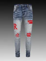 Designer High Street Fashion New Men's Jeans Stretch Slimming Red Patch Jeans Retro Blue Hip Hop Brand Pants Hombre