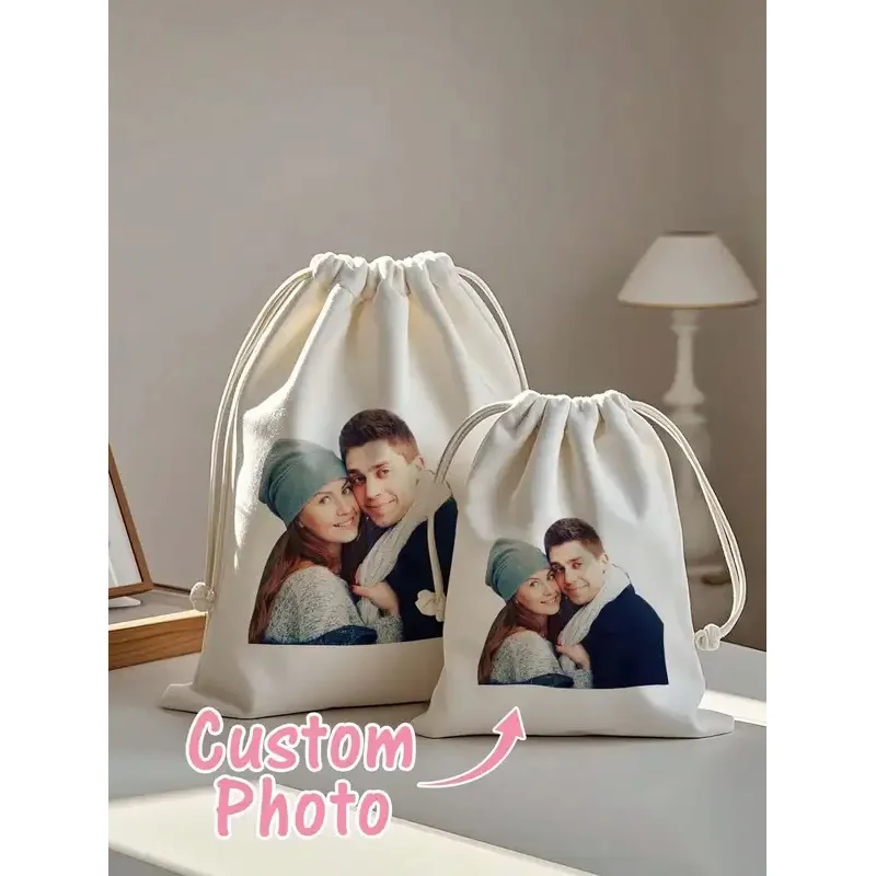 Custom Photo Canvas Storage Bag Personalized Couple Drawstring Pouch Custom Organizer Bag Two Sizes Available Gift for Family