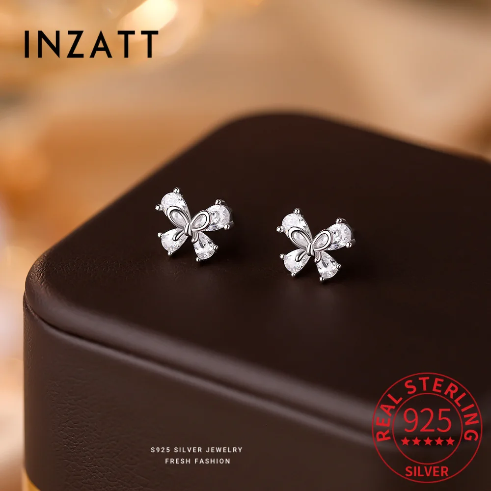 

INZATT настоящее серебро 925 пробы с цирконием и бабочкой, серьги-гвоздики с бантом для женщин, классические ювелирные изделия, минималистичные аксессуары