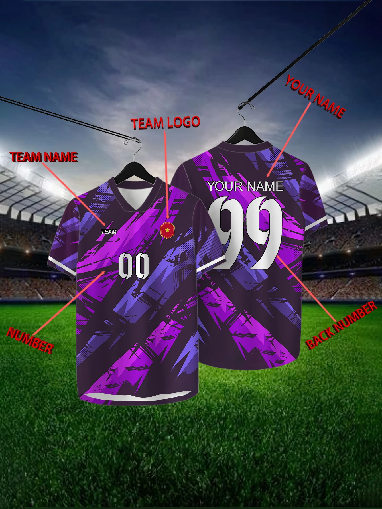 

Customized Geometric Purple Short Sleeved Shirt with Team Name, Emblem, Name and Number, Outdoor Sports Short Sleeved T-shirt