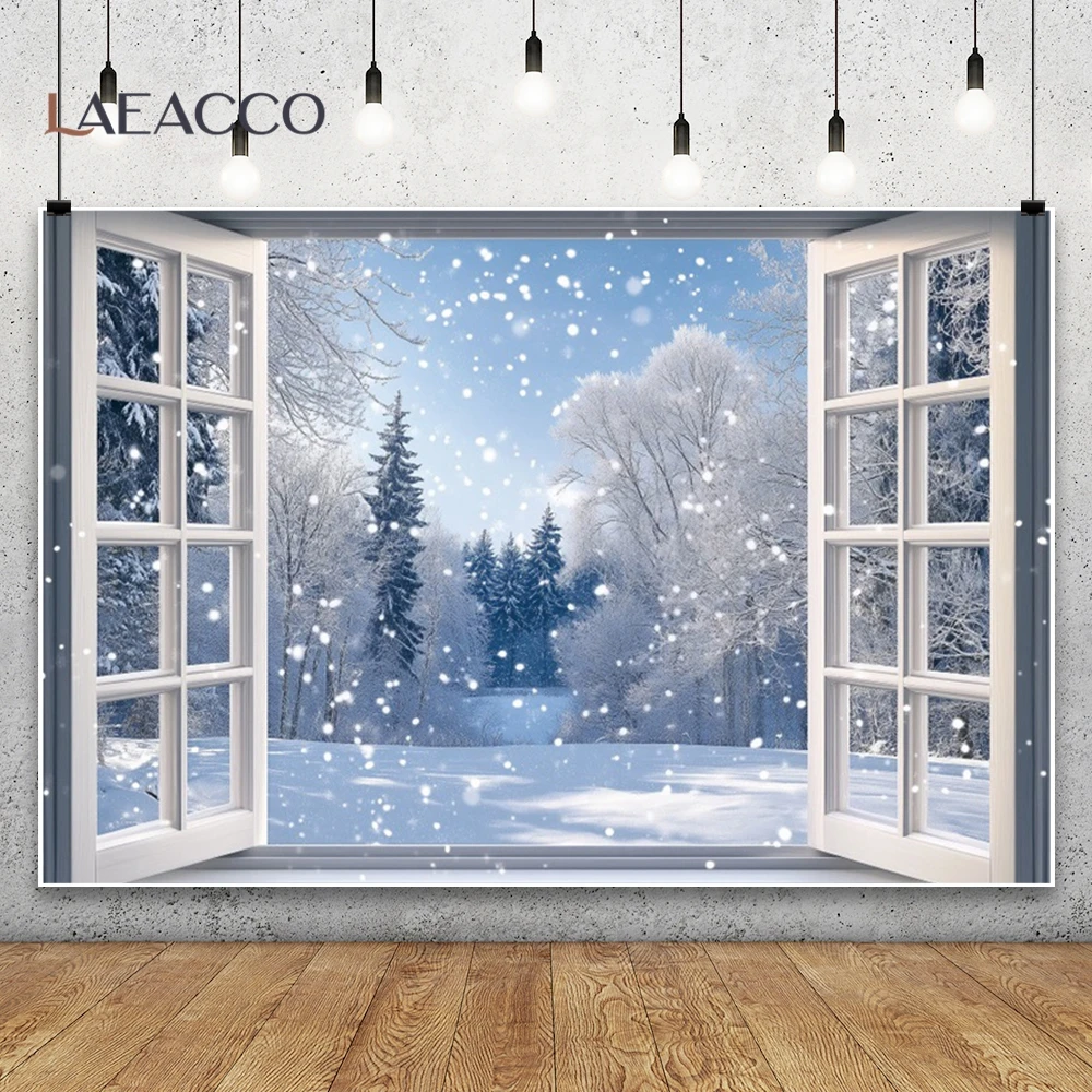 Winter Snow Forest Window Photography Background Blue Sky Falling Snowflakes Christmas Home Wall Decor Banner Portrait Backdrop