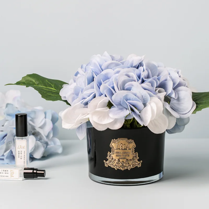 Silk Hydrangea Artificial Flowers in Vase with Faux Water,Silk Flower Arrangements in Vase for Wedding,Dining Table,Living Room