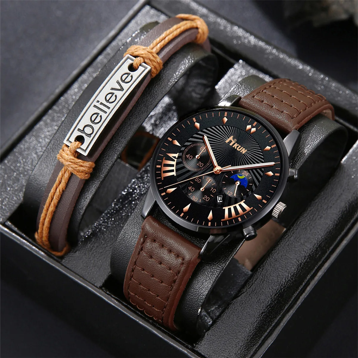 YUXIZAY 1/2 Buah Jam Tangan Kasual Pria Jam Tangan Tali Kulit Kuarsa Jam Kalender Pria Modis Jam Luar Ruangan Reloj (Tanpa Kotak)