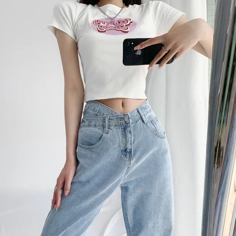 Jeans Wanita Silang Kaki Lebar Pinggang Tinggi Pop Musim Panas Diskon Besar Musim Ini Celana Pelangsing Panjang Lantai Lurus Longgar Kasual Fa