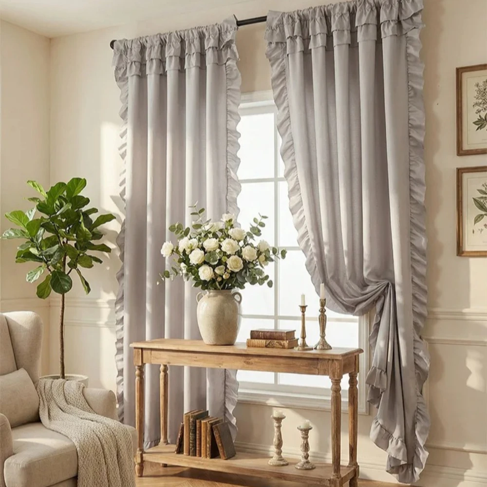 Lotus Leaf Edge Tulle Drapery Vintage Curtains Bedroom Bay Window Half Curtains Korean Style Door Curtain Home Curtain Decor
