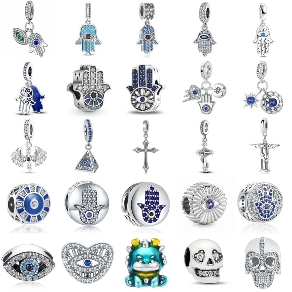 

New 925 Sterling Silver Eyes Palms Skull Charm of ley 925 Chain Beaded Fit Original Pendant Bracelet Trinkets DIY Ladies Jewelry