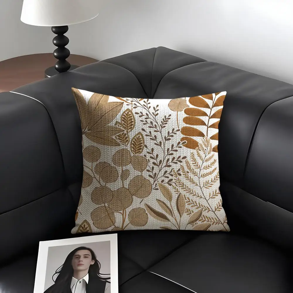 Neutral Brown Line Leaf Cushion Cover Natural Linen Organic Fabric Double-Sided Printing Breathable Perfect Gift For Decor