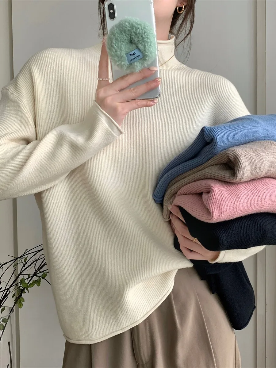 Korean Style Loose Long Sleeve Knitted Base Shirt Women's Autumn Winter Fashionable Inner Wear Top Half High Collar Sweater