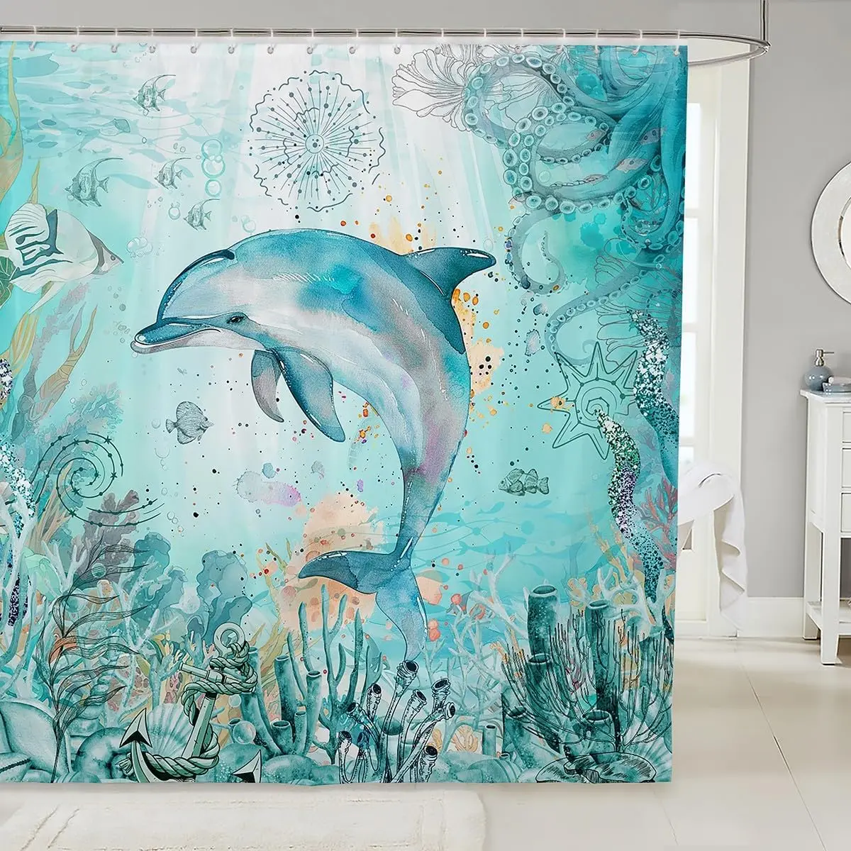 

Dolphin Ocean Watercolor Underwater Scene Shower Curtain Marine Animal Coral Reef Fish Waterproof Decorative Curtain