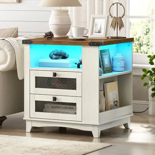 Farmhouse End Table with Charging Station, 24''Large Sofa Side Table with LED Light and 2 Drawers, Square Nightstand