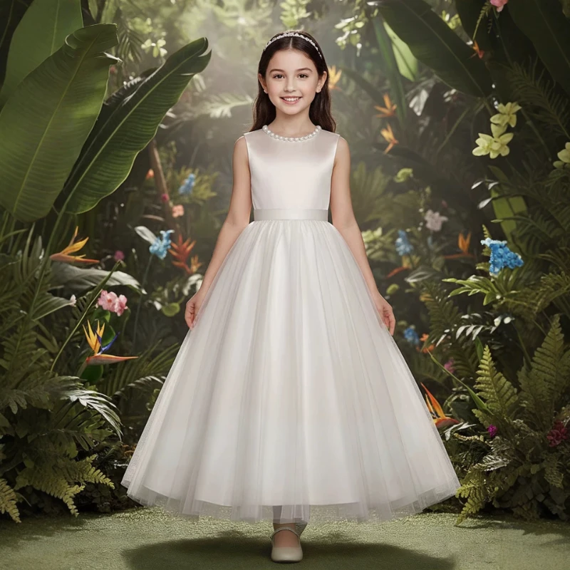 2026 Host Instrument Performance Children Girls Dress Stage Piano Gown White Sleeveless Kids Birthday Princess Pageant Costume