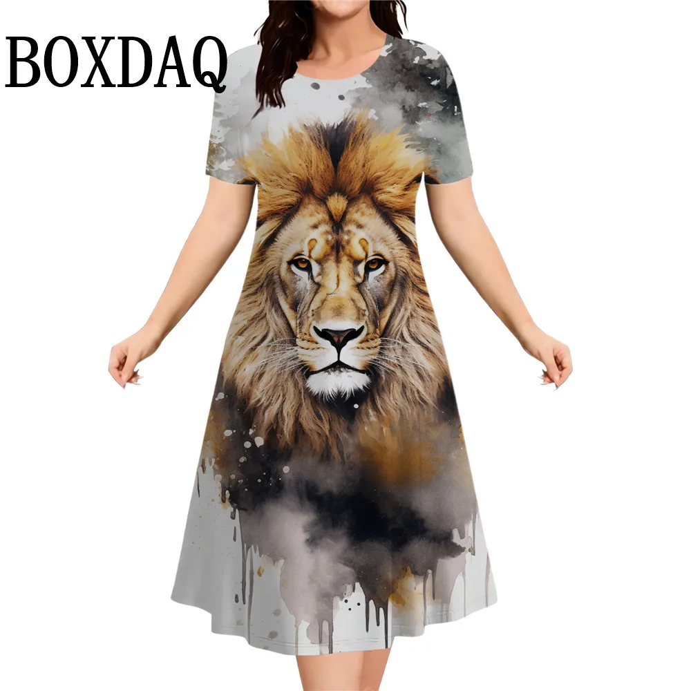 Summer New Fashion Tie Dye Lion 3D Printed Dress Animal Lion Print Women Cool Casual Loose A-Line Dress Harajuku Street Clothes