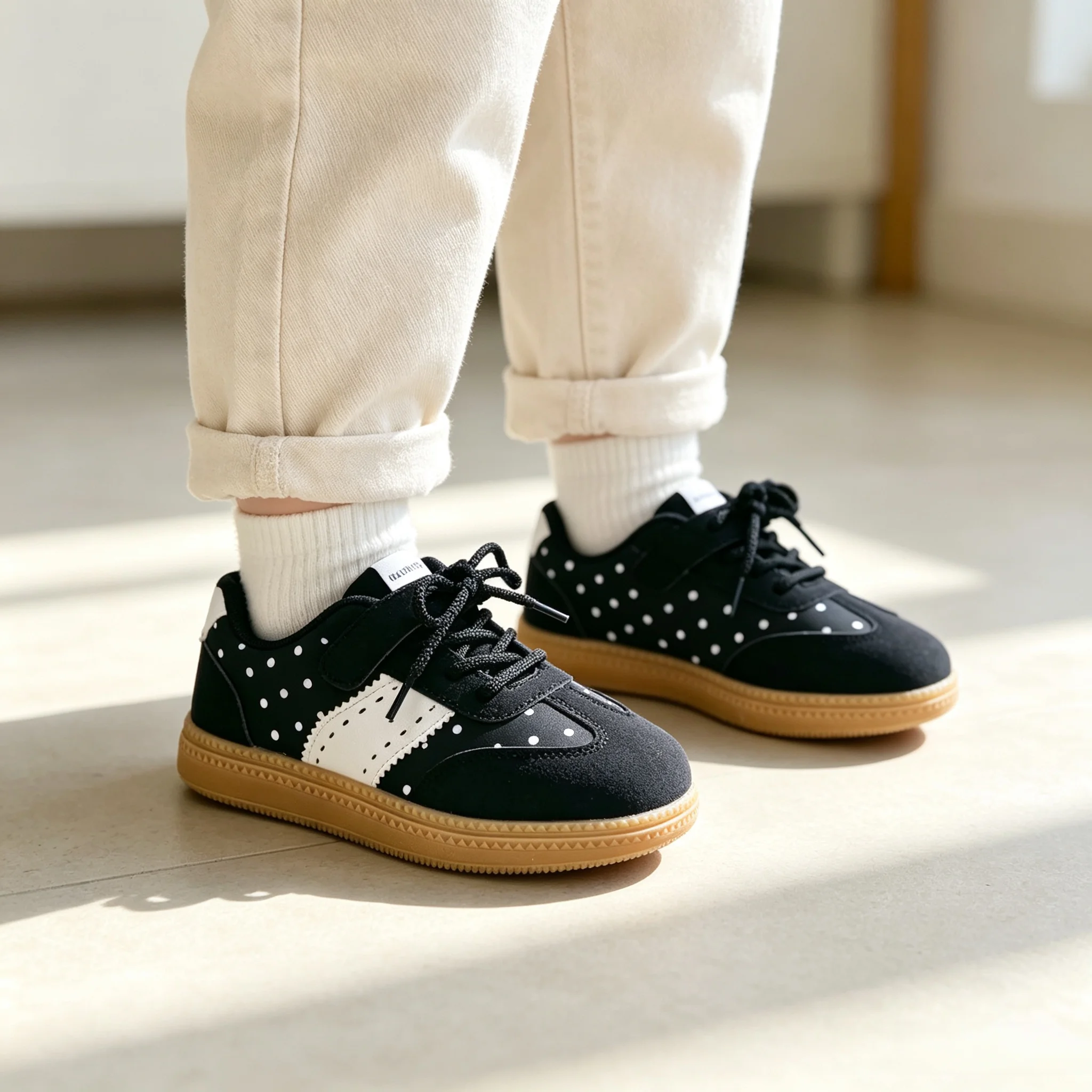 COMFY KIDS Kids Black Polka Dot Casual Sneakers Boys Girls Hook And Loop Lace‑Up Daily Children Fashion Flat Shoes
