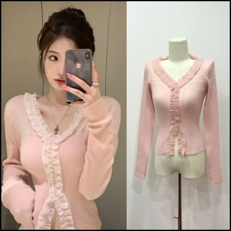 

Korean Fashion Lace Edge Top Design Sense Pullover 2024 Women's Autumn Long Sleeved Pure Desire Wool Knitted Top Female Clothes