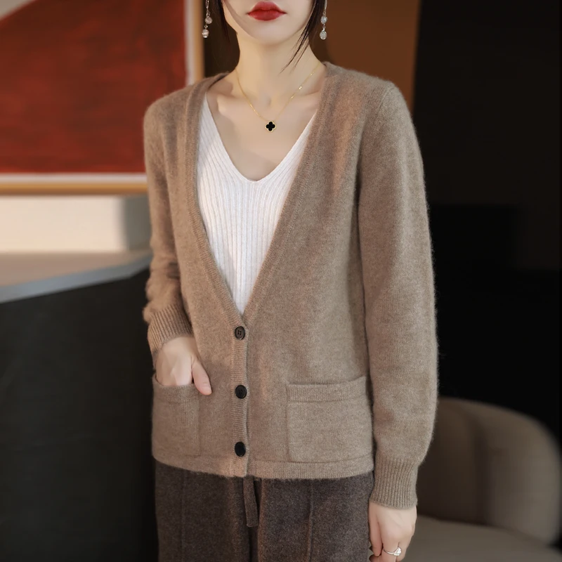 Autumn Winter New 100% Wool Cardigan Sweater Women V-Neck Long Sleeve Top Double Pockets Female Knit Casual Coat Loose Jacket