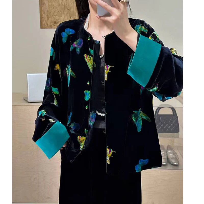 Spring and Autumn New Round Neck Silk+ Velvet Butterfly Long Sleeve Splicing Color Contrast Cuffs High end Women's Jacket S-XL