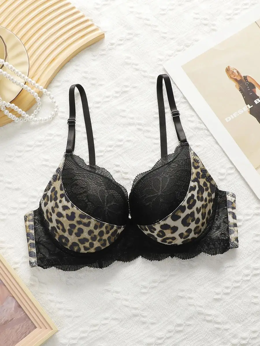 Women\'s Leopard Print Patchwork Lace Lingerie With Steel Rims Gathered Push Up Bra Daily Comfortable Close Fitting Bra B6041