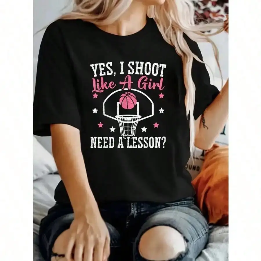 

Basketball Letter Printed Casual T-Shirt - Round Neck Short Sleeved Top For Spring And Summer Daily Wear And Fashion Combination