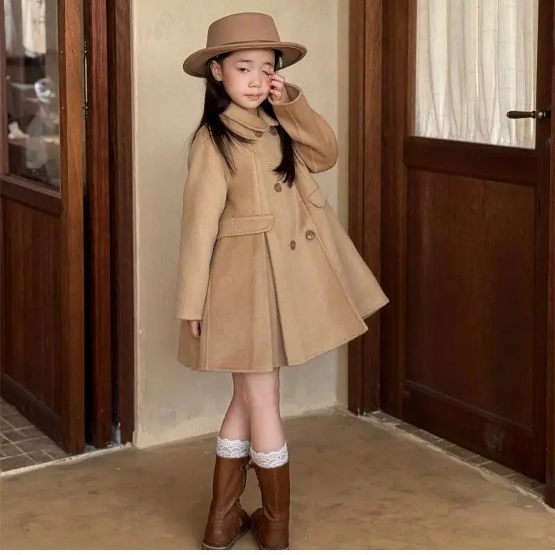Khaki Double Breasted Girls Woolen Coat Vintage Lapel A-Line Kids Overcoat Long Sleeve Autumn Winter Children Warm Outerwear