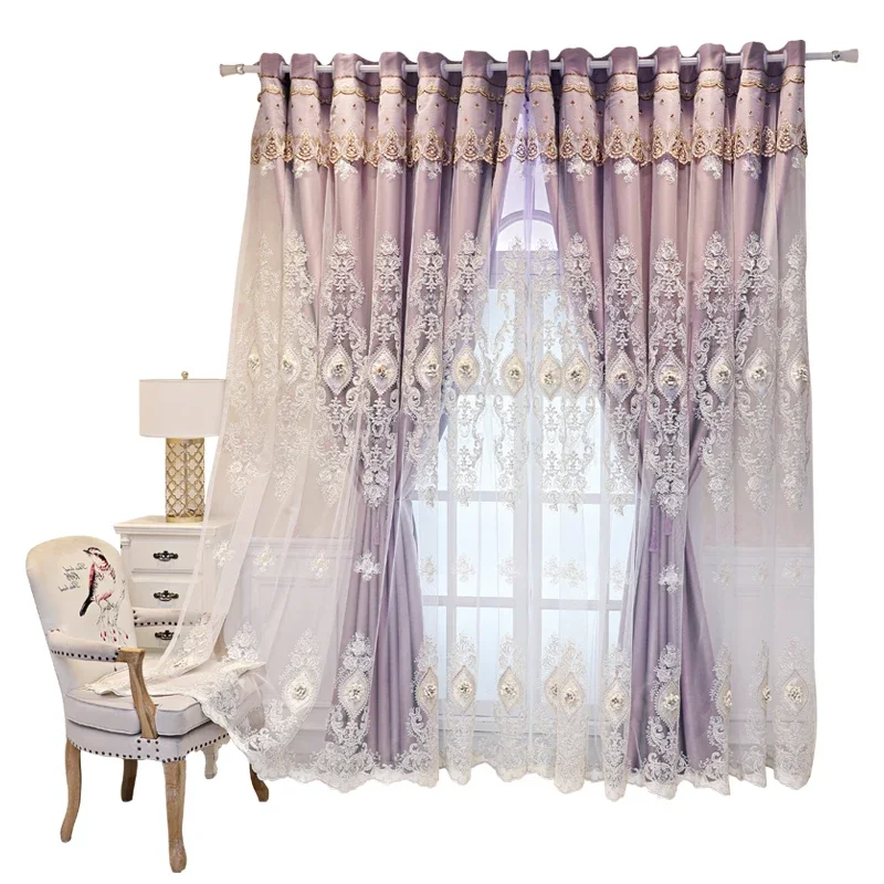 

Luxury Embroidered European Double Layer Purple Yarn Curtains for Living Room Bedroom Elegant Window Custom Drapes Treatments