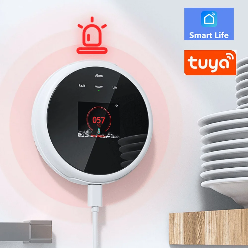 Tuya Intelligence Wireless LCD Display Time Level Display Led Natural Gas Sensors Combustible Wifi Gas Detector for Kitchen Safe